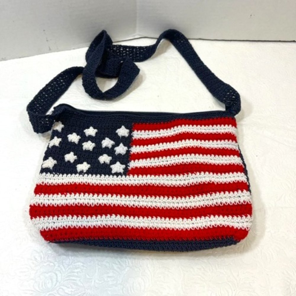 USA American Flag Crocheted Shoulder Shoulder Bag Purse Crossbody 10x8"
